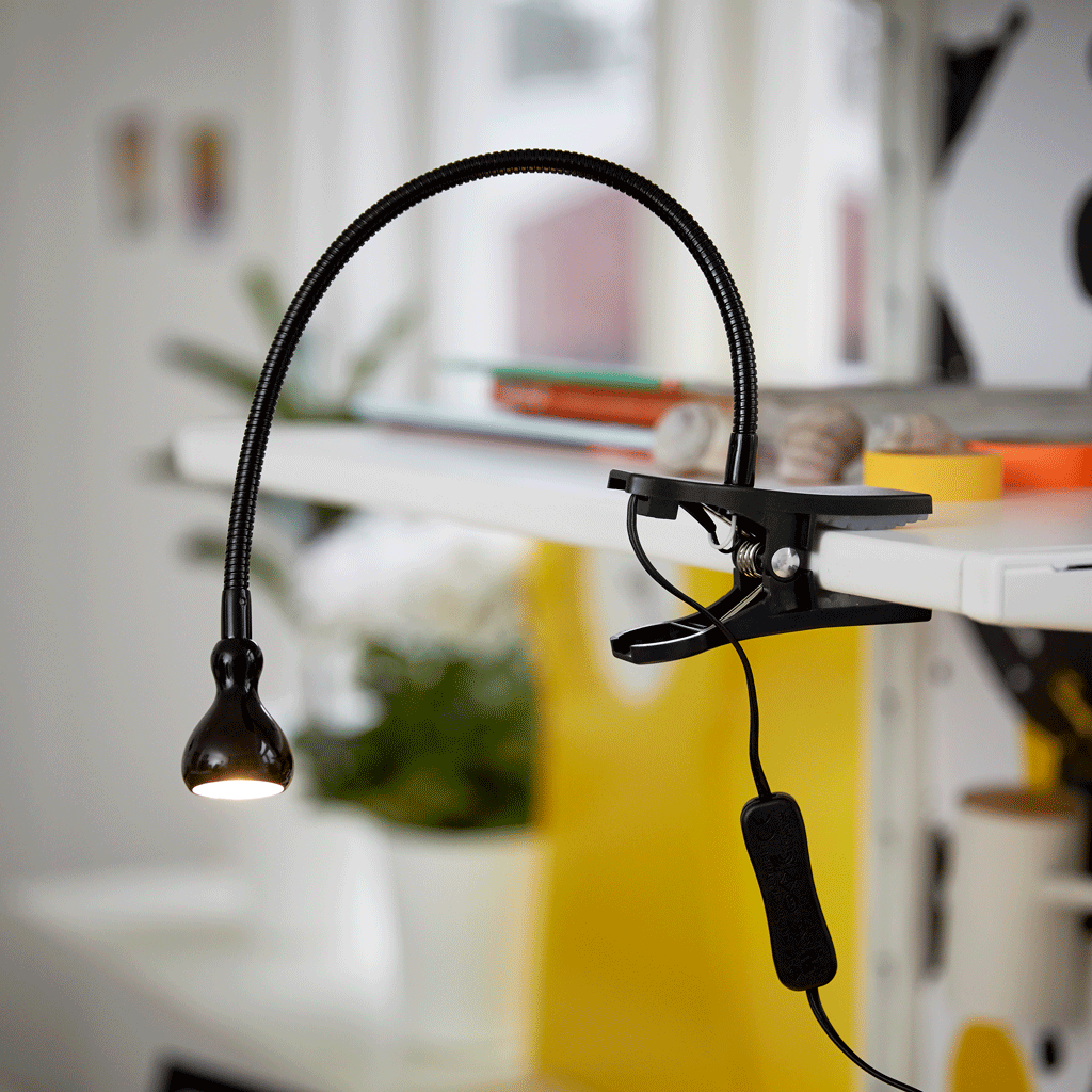 IKEA-close up of a black clamp spotlight