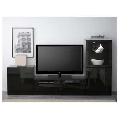 BESTA/SELSVIKEN, tv ünitesi, venge-parlak siyah-şeffaf cam, 240x40x128 cm