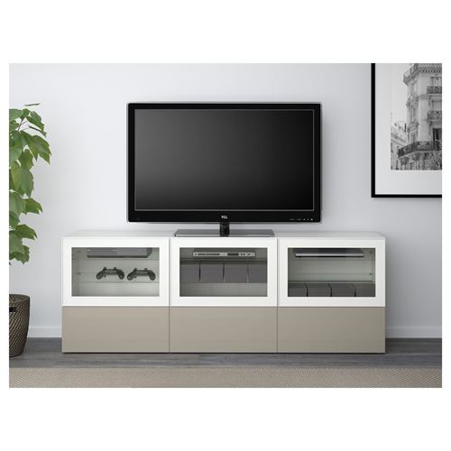 BESTA/SELSVIKEN, tv sehpası, beyaz-şeffaf cam, 180x40x64 cm