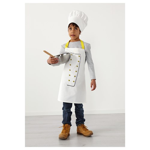 TOPPKLOCKA, çocuk önlüğü ve şapka, beyaz-sarı, 57 cm