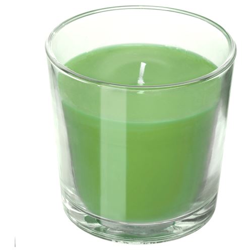 SINNLIG, scented candle in glass, green, 7.5 cm