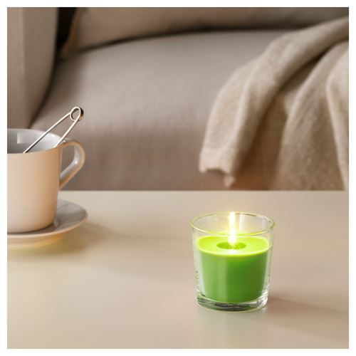 SINNLIG, scented candle in glass, green, 7.5 cm
