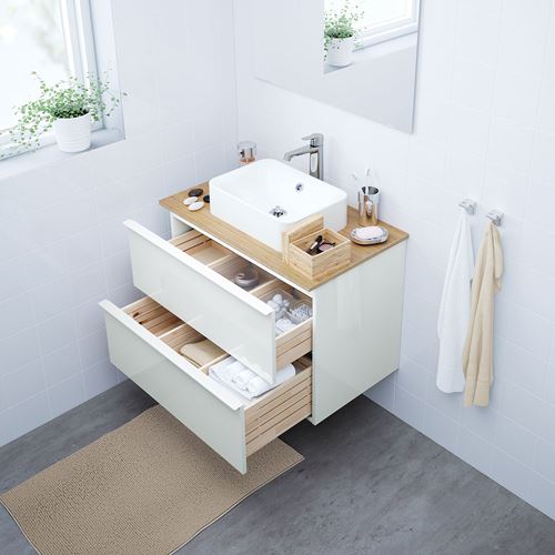 GODMORGON/TOLKEN/HÖRVIK, lavabo dolabı kombinasyonu, parlak cila beyaz-bambu, 82x49x72 cm