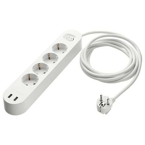 KOPPLA, 4-way socket with 2 USB ports, white, 3 m