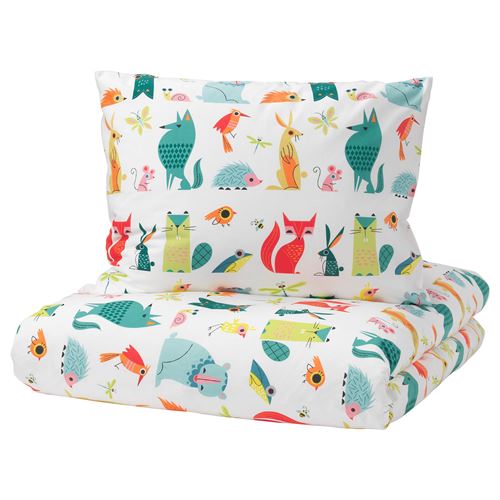 LATTJO, single quilt cover and pillowcase, animal-multicolour, 150x200/50x60 cm