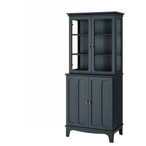 LOMMARP, glass-door cabinet, dark blue/green, 86x199 cm
