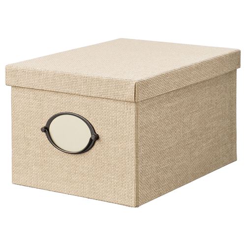 KVARNVIK, box with lid, beige, 25x35x20 cm