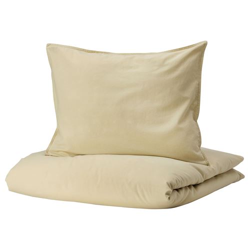 ANGSLILJA, double quilt cover and 2 pillowcases, green-beige, 240x220/50x60 cm