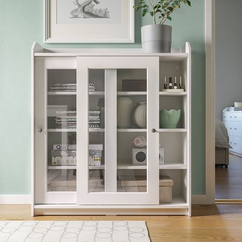 HAUGA, glass-door cabinet, white, 105x116 cm