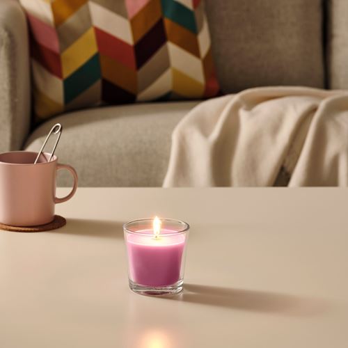SINNLIG, scented candle in glass, pink, 7.5 cm