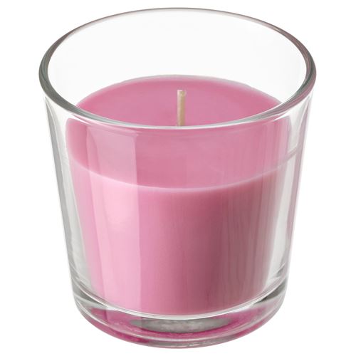 SINNLIG, scented candle in glass, pink, 7.5 cm
