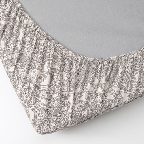 JATTEVALLMO, double fitted sheet, beige/dark grey, 140x200 cm