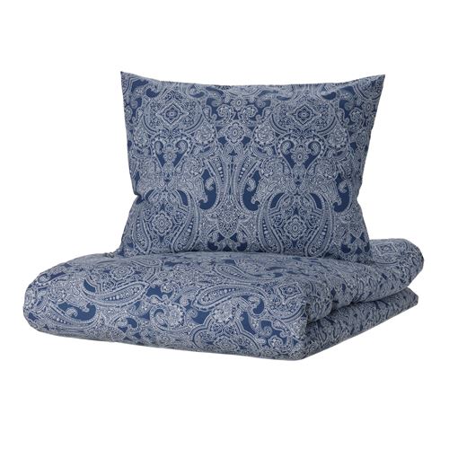 JATTEVALLMO, single quilt cover and pillowcase, dark blue-white, 150x200/50x60 cm