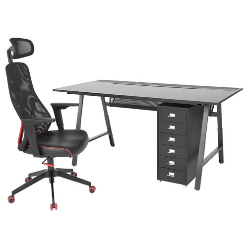 UTESPELARE/MATCHSPEL, çekmece üniteli oyuncu masası ve sandalyesi, siyah