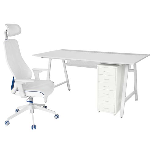 UTESPELARE/MATCHSPEL, çekmece üniteli oyuncu masası ve sandalyesi, açık gri-beyaz