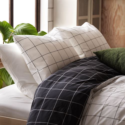 VITKLOVER, double quilt cover and 2 pillowcases, white/black, 240x220/50x60 cm