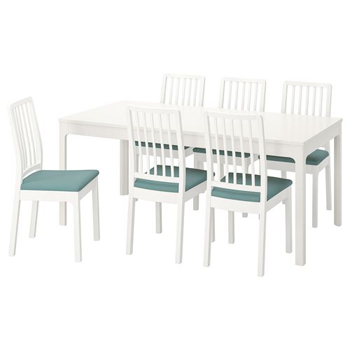 EKEDALEN, yemek masası takımı, beyaz-hakebo açık turkuaz, 6 sandalyeli