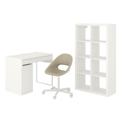 MICKE/ELDBERGET, desk, chair and storage combination, white-beige