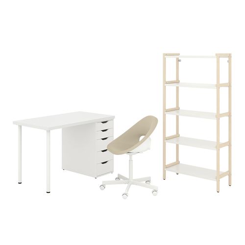  LAGKAPTEN/ELDBERGET/EKENABBEN masa, sandalye ve dolap kombinasyonu, bej-beyaz