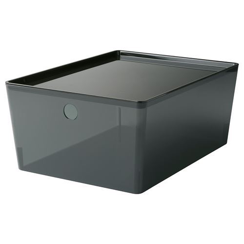 KUGGIS, box with lid, transparent black, 26x35x15 cm