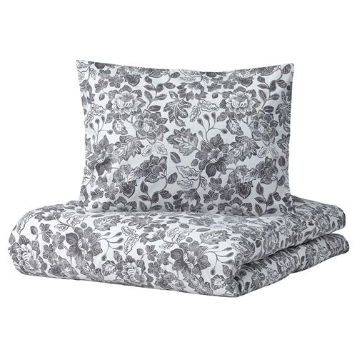 SKUGGNAVA, double quilt cover and 2 pillowcases, white/dark grey, 240x220/50x60 cm