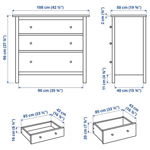 HEMNES, chest of 3 drawers, white varnish, 108x96 cm