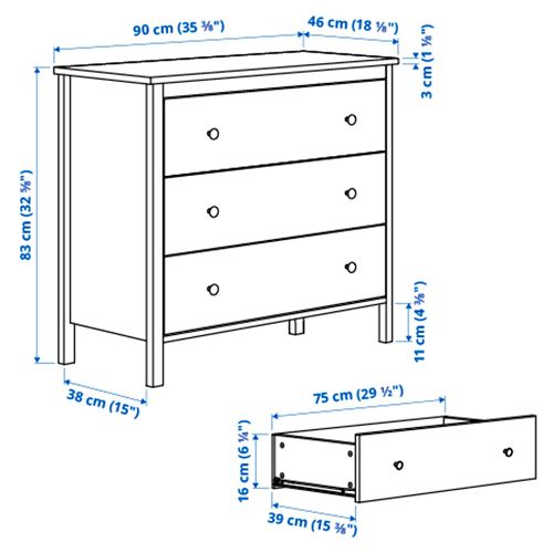 KOPPANG, chest of 3 drawers, white, 90x83 cm