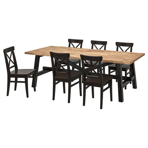 SKOGSTA/INGOLF, dining set, acacia/brown-black, 6 chairs